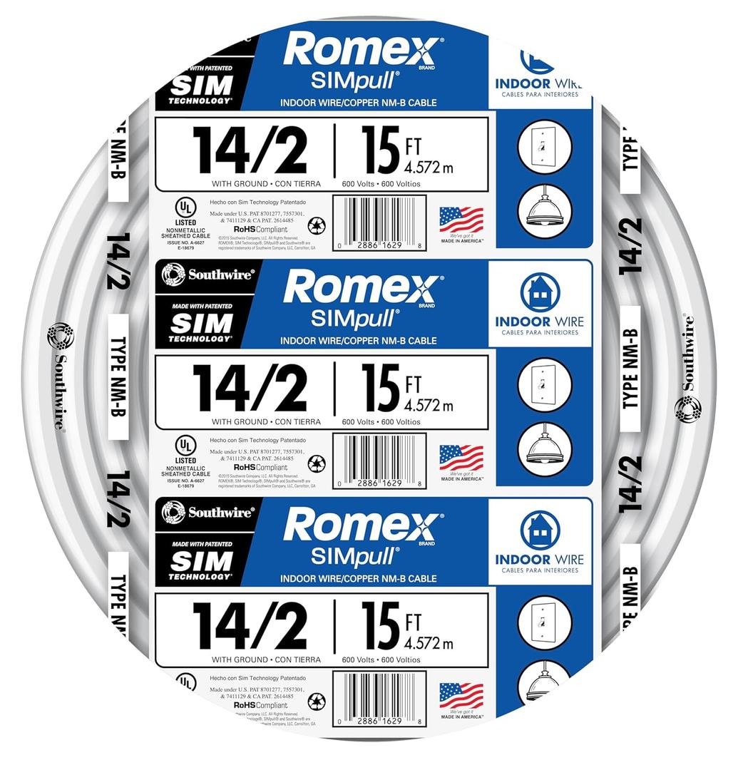 Southwire Romex Brand Simpull Solid Indoor 14/2 W/G NMB Cable 15ft coil - SW# 28827426