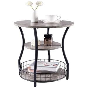 Anlanbor Small Side Table Round End Table with Storage Shelf Basket, 3-Tier Accent Corner Sofa Couch Side Tables Coffee Drink Table for Small Spaces,Round Nightstand for Living Room, Bedroom, Greige
