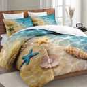 WeCozy Full Size Comforter Set with 2 Pillowcases, Summer Marine Seashell Starfish Beach Ocean 3 Pcs Soft Bedding for Kids and Adults Bedroom Bed Decor