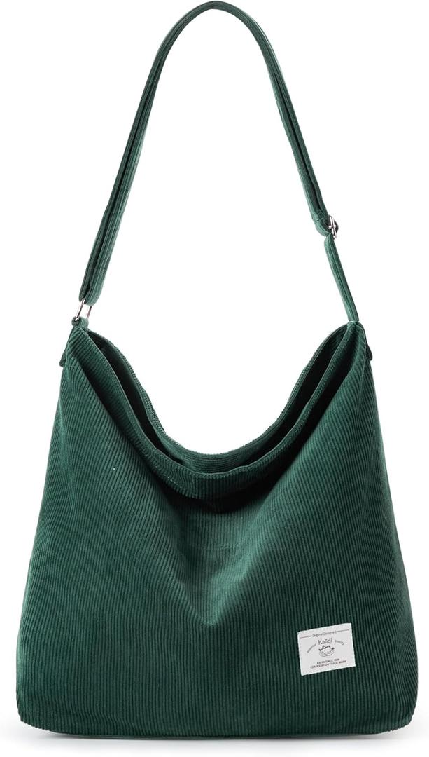KALIDI Corduroy Tote Bag for Women Casual Zipper Tote Handbag Large Crossbody Hobo Shoulder Bag Work Fashion Women Purse (Dark Green)