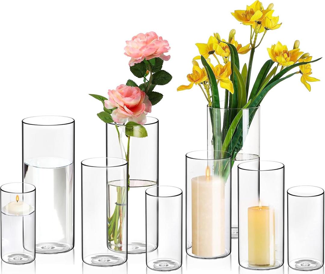 8 Pack Cylinder Vases- for Centerpieces, 6,8,10 Inch Clear Glass Cylinder Candle Holder- for Wedding Centerpirces Decoration Tall Clear Flower Vases, Hurricane Candle Holder for Party Home Decor