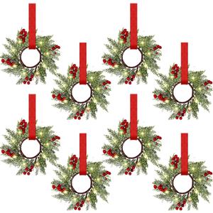 Xinnun 8 Pcs Mini Christmas Wreath for Cabinets Kitchen with LED Lights 8.66 Inch Lighted Hanging Red Small Christmas Wreaths with Berry for Kitchen Cabinet Fireplace Window Front Door Wall Decor