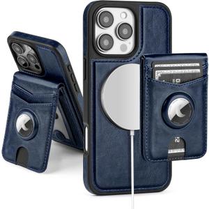 SkyEagle Compatible with MagSafe iPhone 16 Pro Max Case Wallet with AirTag Holder,2 in 1 PU Leather Magnetic Detachable RFID Blocking Credit Card Holder Flip Cover Kickstand for Men Women,Blue
