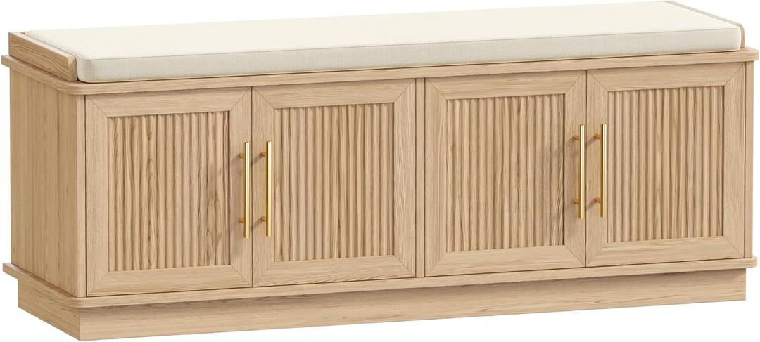 Akxomel 47.2" Fluted Shoe Storage Bench 4 Doors Wooden Entryway Bench Oak, 13.8"D x 47.2"W x 18.1"H