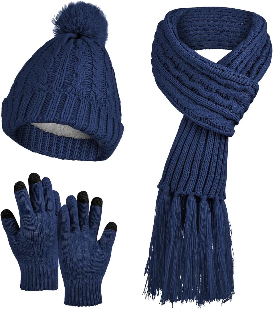 MissShorthair Womens Beanie Winter Hats 3 in 1 Knit Warm Hat Gloves and Scarf Set Women Scarves for Cold Weather (Blue)