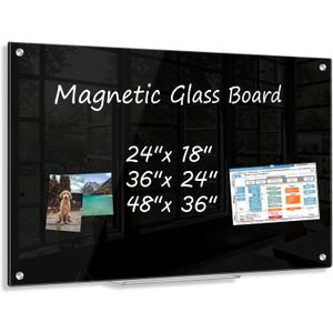 Black Dry Erase Board, 24" x 18" Magnetic Large Black Glass Board Frameless Wall Mounted Glass Whiteboard for Office, School & Home with 1 Acrylic Marker Tray & 3 Strong Magnet