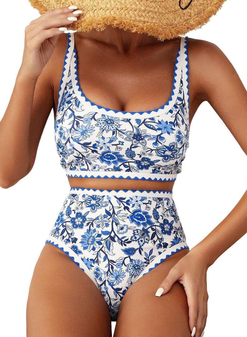 Herseas Women's Bikini Sets Floral Print Whip Stitch 2 Piece Swimsuits High Waisted Scoop Bathing Suits (Blue, L)