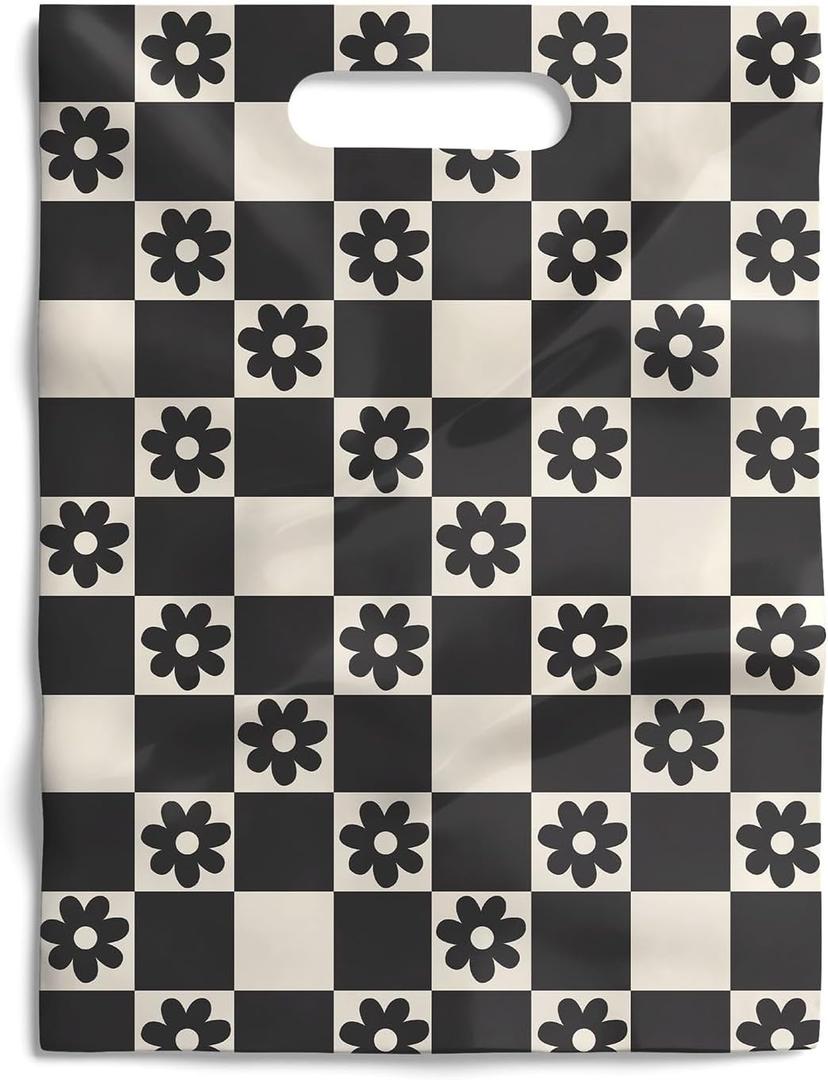Package Mint 100 Pack 9x12 Reusable Merchandise Gift Bags with Handles – Daisy Checkerboard Design for Boutiques, Retail, and Party Favor Packaging