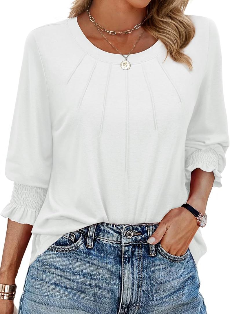 Spring Tops for Women 2026 3/4 Sleeve Blouse Crewneck Pleated Tunic Tops Dressy Casual Shirts Business Work Outfits (White, Small)