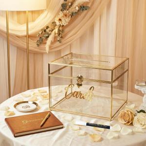 Wedding Card Box with Heart Lock, Large Metal Glass Card Box with Gold Frame for Party Reception, Wedding, Baby Showers, Birthdays, Bridal, or Graduation, 129.58.5 Inches