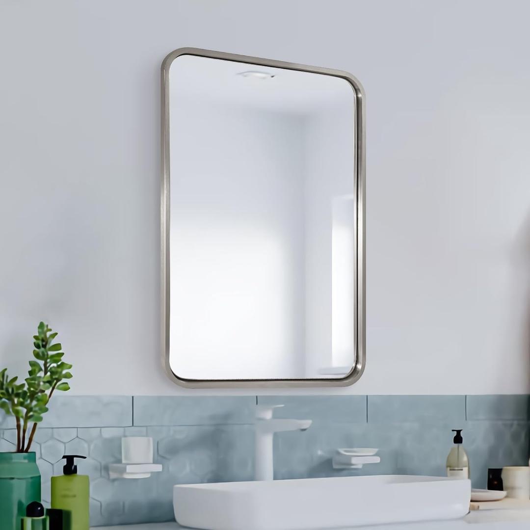 Mirrors for Wall, 20x28’’ Brushed Nickel Bathroom Mirror, Rounded Rectangle Mirrors for Vanity, Anti-Rust SUS304, Tube Metal Frame, 1’’ Deep Wall Mounted Vertically/Horizontal