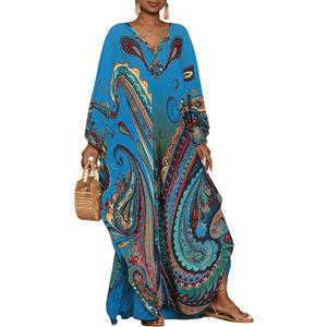 Bsubseach Kaftan Dresses for Women Ethnic Print Plus Size Beach Cover Ups Batwing Sleeve Caftans with Pockets (Blue)