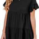 Neineiwu Women's Casual Ruffle Short Sleeve Crewneck Loose Tops Blouses Tunics (Black, M)