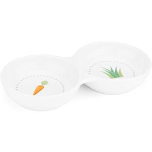 Navaris Double Food Bowl for Small Animals - Ceramic Food Bowls for Rabbits, Guinea Pigs, Small Pets - Rabbit Water Dish - Carrot and Grass Design (White)