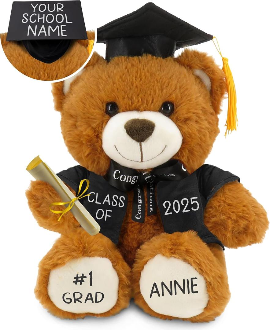Personalized Graduation Teddy Bear Gift 2025 for Her Him, College, High School, 12 Inch - Cute Custom Brown Bear with Black Gown Add Your Name and Year on The Feet