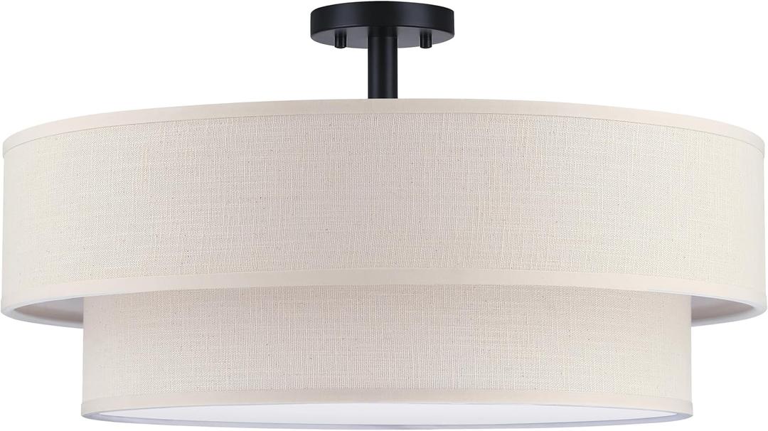 6 Light 26" Cream Fabric Black Semi Flush Mount Close to Ceiling Light Fixture