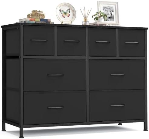 SONGMICS Wide Dresser for Bedroom, 8 Fabric Drawers with Steel Frame | Wood Tabletop, Clothes Organizer, Storage Cabinet, for Closet & Living Room, Ink Black, BELLAH Collection ULGS234B101S
