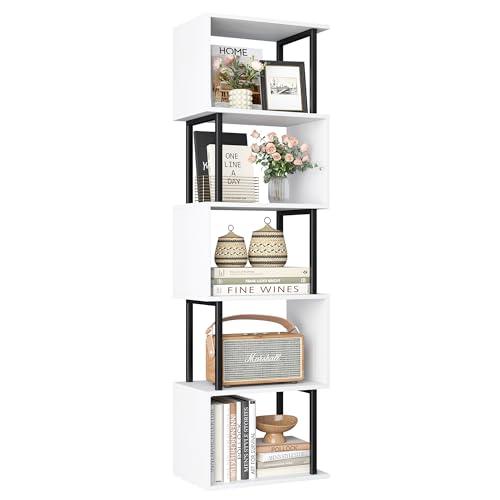 Yusong Bookshelf 5-Tier, Geometric Bookcase S Shaped Book Shelves for Bedroom, Modern Wood Decorative Display Shelf Book Case for Home Office, White and Black