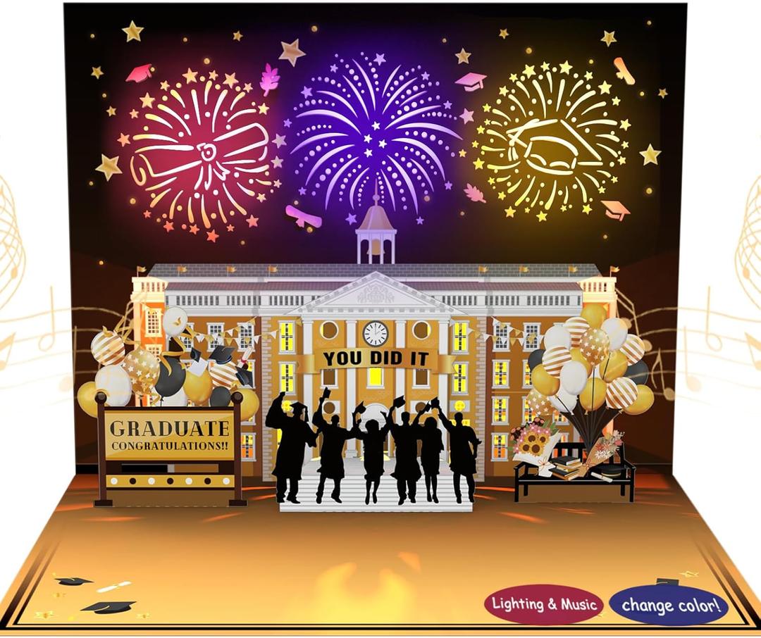 Graduation Card, 3D Pop-up MUSIC & LIGHTS 2026 Graduation Cards with Fireworks,graduation celebration school architectural,university master's,college,Middle School,classmate,teacher for gifts