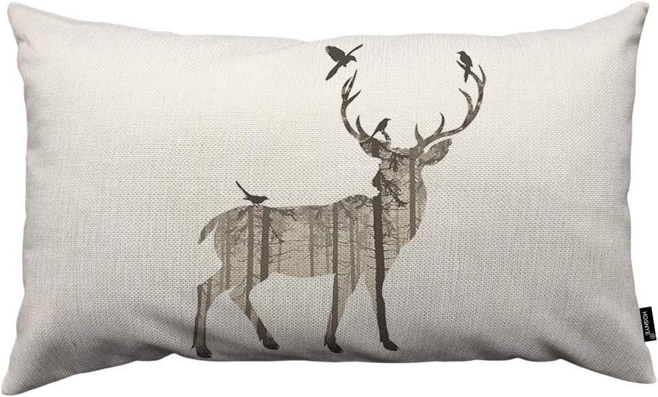 HOSNYE Deer Throw Pillow Cover Pine Forest and Birds Browns Linen Fabric for Couch Bed Sofa Car Waist Cushion Cover 12 x 20 inch Pillow Case