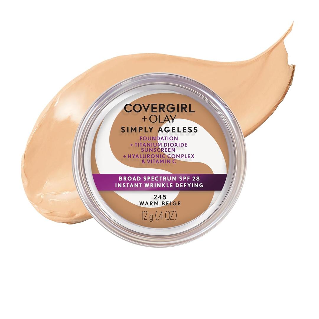 COVERGIRL Simply Ageless Instant Wrinkle Defying Foundation, SPF 28, Hyaluronic Complex & Vitamin C - 245 Warm Beige, Pack of 1