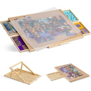 Tektalk Jigsaw Puzzle Table with Integrated Adjustable Stand/Bracket and Removable Cover, 3-Tilting-Angle Wooden Plateau Portable Puzzle Board with 4 Sorting Drawers, for Up to 1500 Pieces