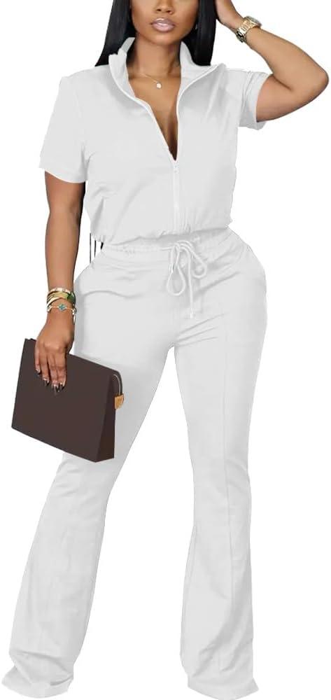 HBQ Women 2 Piece Outfits Sweatsuit Set Casual Lapel Zip Up Jacket Wide Leg Pant Lounge Set Tracksuit (White, XL)