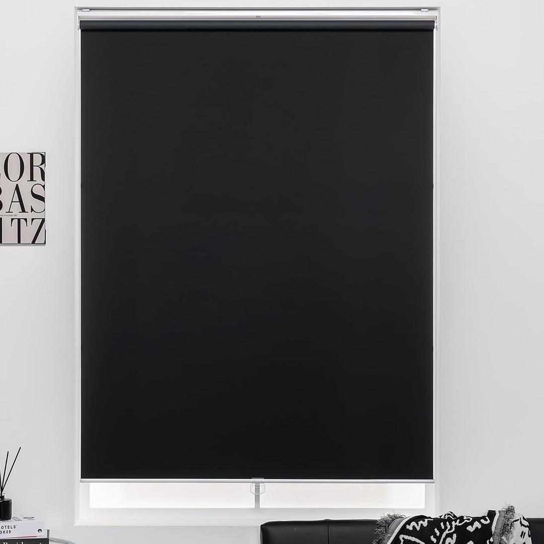 Cordless Roller Shades 100% Blackout Blinds for Windows and Doors, Pull Down Room Darkening Window Shades, Easy to Install for Home and Office, Black, Fixed 75 Inches High, 28 Inches Width
