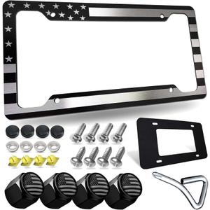 Tuersan American Flag License Plate Frame Patriotic USA Flag Car Tag Cover, Rust Rattle Proof Aluminum Holder with Mounting Hardware Kit,Rust Resistant Screws Bolts,Black Caps, Tire Valve Stem Caps