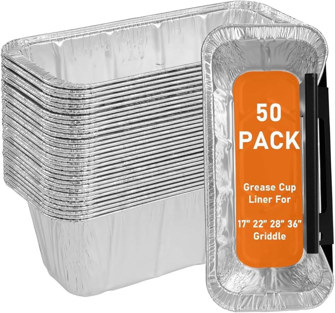 50-Pack 5017 Griddle Grease Cup Liners Aluminum Foil Drip Pan Grease Catcher Cup Liner for Griddle 17, 22, 28, 36 Inch Griddle, Disposable Grill Grease Trays