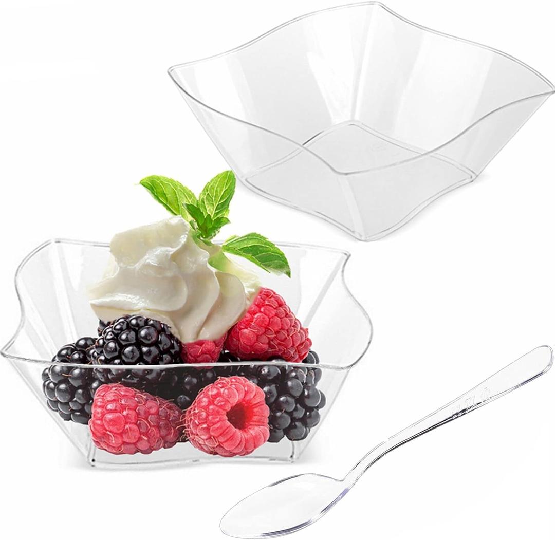 TOFLEN 100ct 5 oz Small Plastic Dessert Cups with Spoons, Clear Appetizer Cups for Parties Mini Serving Bowls, Hors D'oeuvres Plates