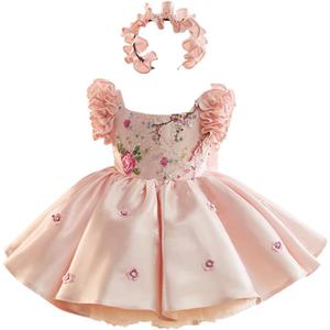 Girls' Dresses Flying Sleeve Puffy Princess Dresses Flower Girl Wedding Birthday Party Dresses (6-7 Years, Pink)