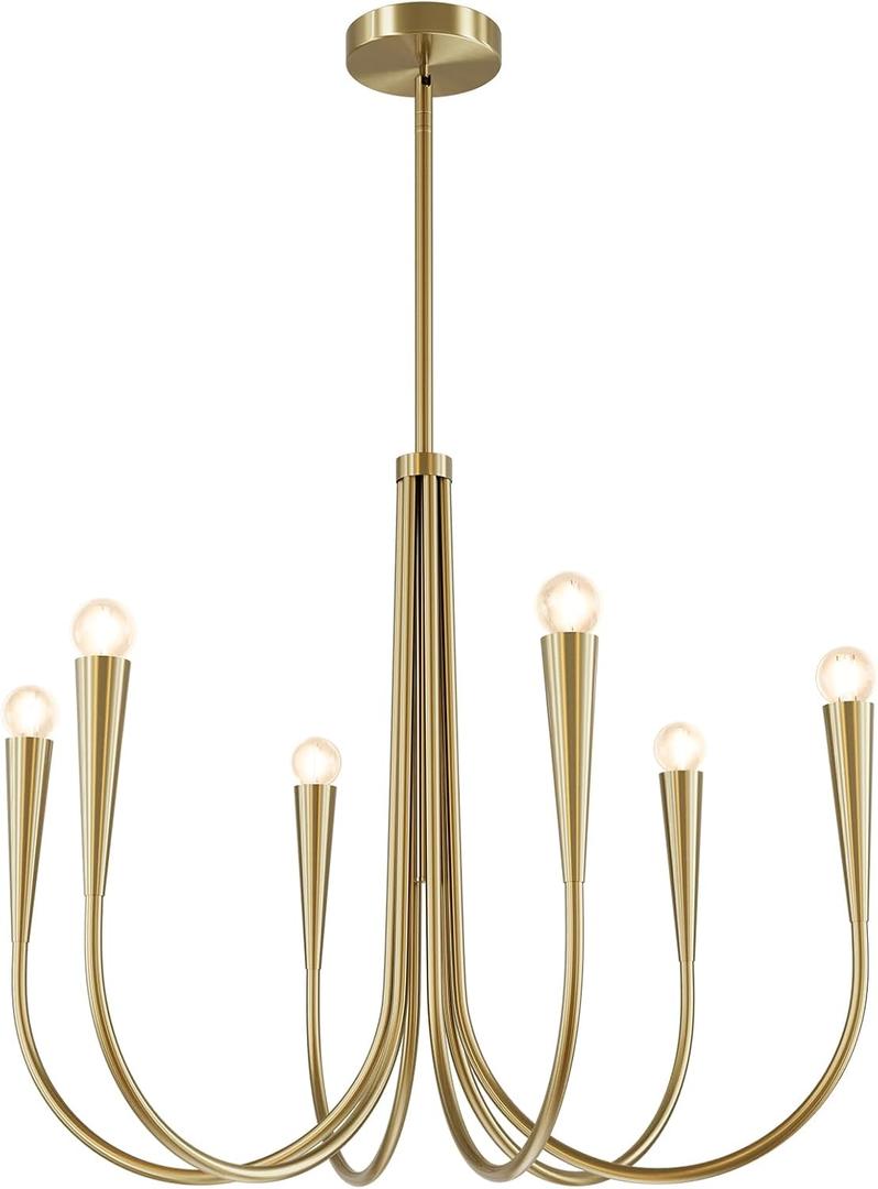 Modern Farmhouse Candlestick Chandelier Vintage 6 Light Gold Candle Chandelier Light Fixture Rustic Industrial Brushed Brass Dining Room Candle Pendant Hanging Lighting for Bedroom MPL26-6GDN, 25.19 inches