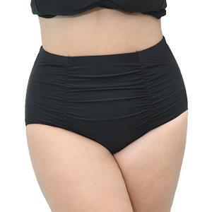 Women Plus Size Ruched High Waisted Black Bikini Bottoms Full Coverage Swimsuit Bottom Tummy Control Swim Bottoms Large, 