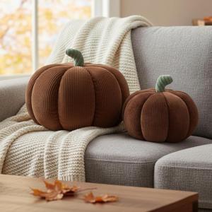Yookeer 2 Pcs Fall Pumpkin Pillows, Corduroy 3D Simulated Pumpkin Throw 7'' and 11'' Soft Autumn Decorative Sofa Cushion for Thanksgiving Halloween Christmas Bedroom Home Decor(Brown)