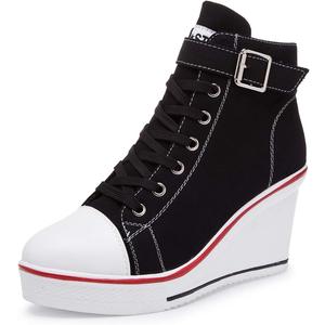 Women's Canvas High-Heeled Shoes Fashion Sneakers Casual Shoes for Walking Platform Wedges Pump Shoes (Black)
