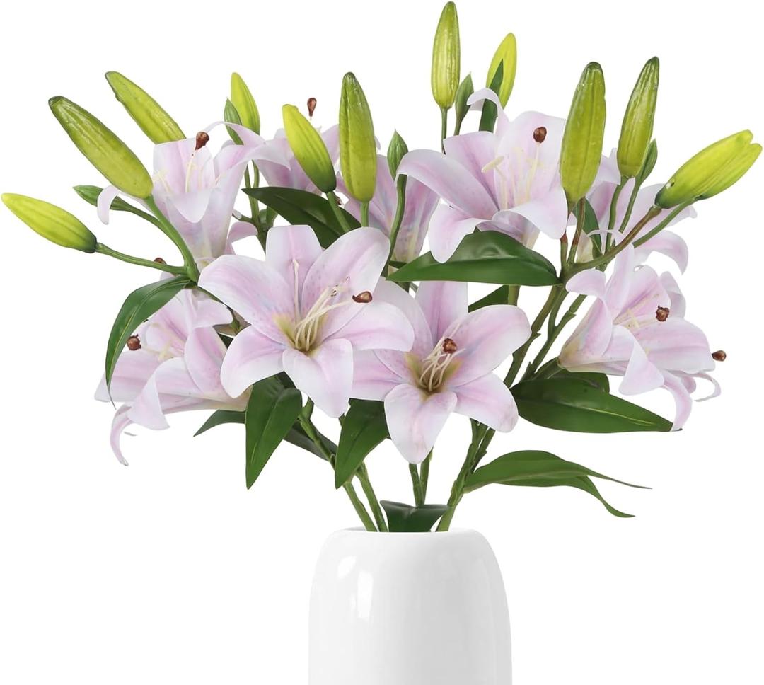 Artificial Lilies 6PCS 26.7" Silk Lily Flowers with 12 Heads Fully Bloomed Lilies and 18 Buds, Long Stem Faux Lilies for Home Party Wedding Easter Decor(Light Purple)