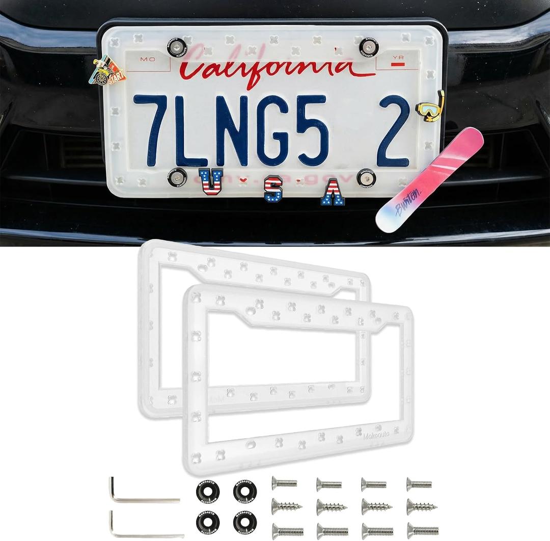 Clear License Plate Frames 2 Pack - DIY Customizable Car Tag Holder, Pop in Shoe Charms to Show Your Style, Funny Personalized Car Accessories for Women & Men, Rattle-Proof TPU, Anti-Theft Screws