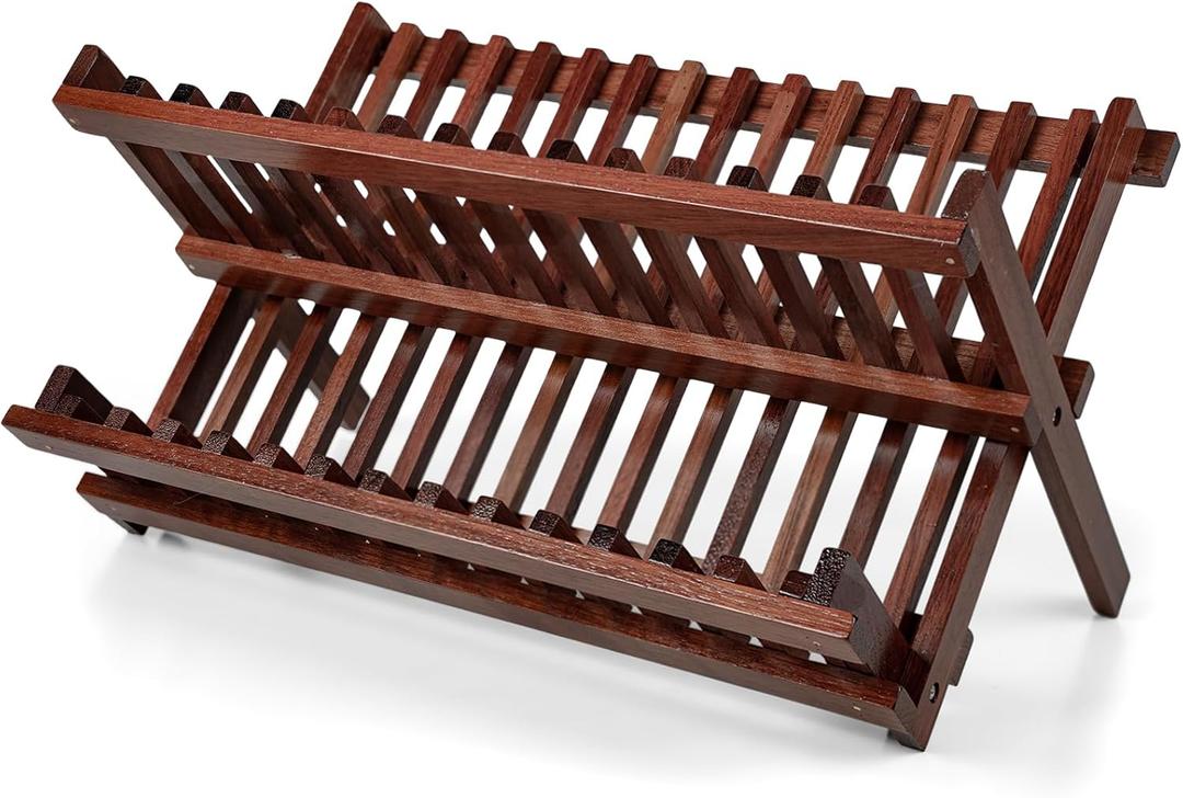 VERTORGAN Teak Dish Drying Rack,Folding Collapsible Drainer Plate Organizer Holder for Kitchen,Foldable Spice Rack for Countertop and Cabinet,Pantry Organization and Storage