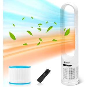 Hiluce 3-in-1 Bladeless Fan with Air Purifier,Powerful Fan and Heater Combo HEPA Filter 99.97%,Quiet Tower Fans with Remote,Tip-Over Switch,80°Oscillating, 8 Speeds, 9H Timer for Bedroom, Office