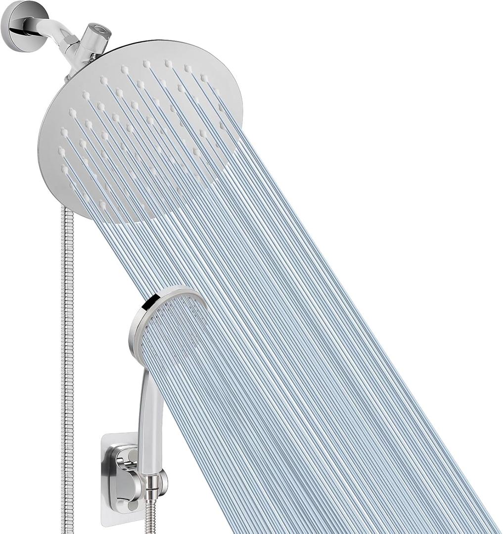NearMoon Shower Head with Hose, High-Pressure Stainless Steel 8'' Rain Shower and 5 Settings Handheld Shower Spray Combo with Push Button Flow Control for Easy Operation (Chrome)