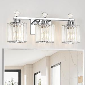 Modern Crystal Bathroom Vanity Light, 3-Lights Bathroom Light Fixtures, Chrome Vanity Light Fixtures over Mirror, Easy Installation & Dimmable Lighting, Crystal Wall Light Fixtures for Bathroom
