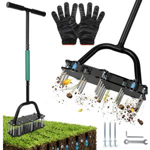 Manual Lawn Aerator Tool, 17 Spikes, Spring-Assisted Debris Release