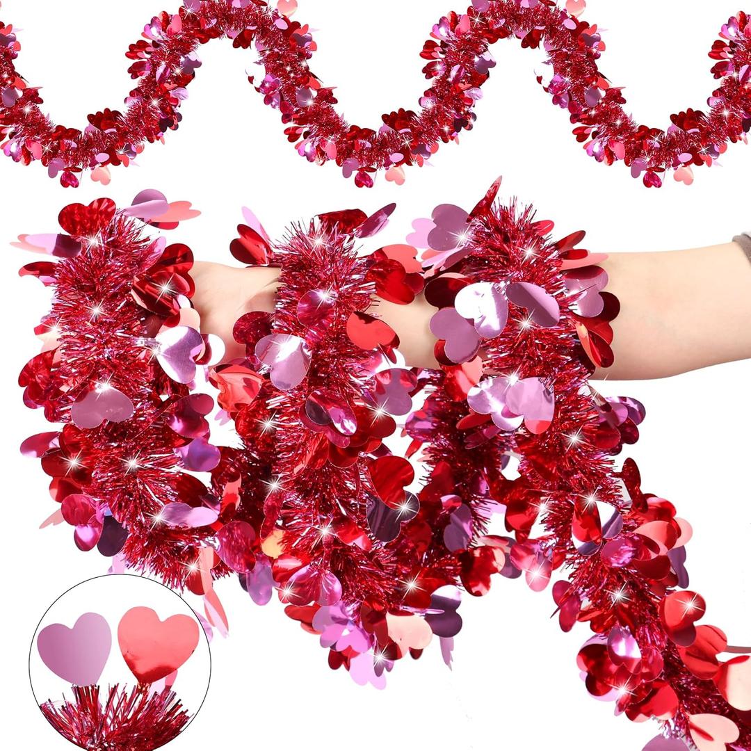 50 Feet Valentines Day Tinsel Garland Decor, Valentine Heart Tinsel Garlands Red Pink Heart Hanging Garland, Valentine's Day Decorations for Indoor Outdoor Home Wedding Party Mantel Table