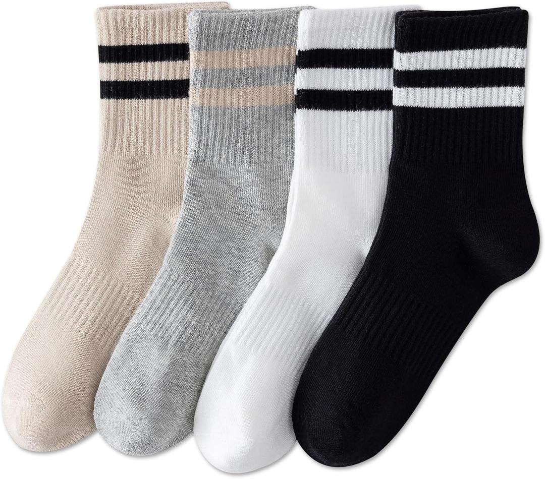 YUWELL Womens Striped Crew Socks, Cotton Cozy Casual Socks for Women 4 Pairs, Size 5-10 (4pairs-white Beige Black Gray)