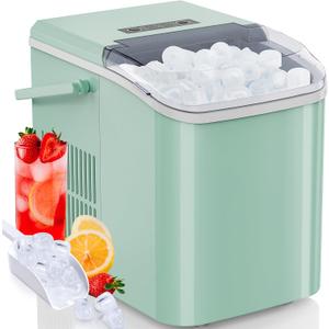 Self-Cleaning Countertop Ice Maker, Portable Ice Machine with Handle, Ice Scoop and Basket, 9 Cubes in 6 Mins, 26.5lbs/24Hrs, 2 Sizes of Bullet Ice for Kitchen Office Party, Green