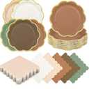 Woodland Baby Shower Decorations - 100pcs Sage Green and Brown Forest Scalloped Plates and Napkins Set for Birthday, Baby Shower, Wedding