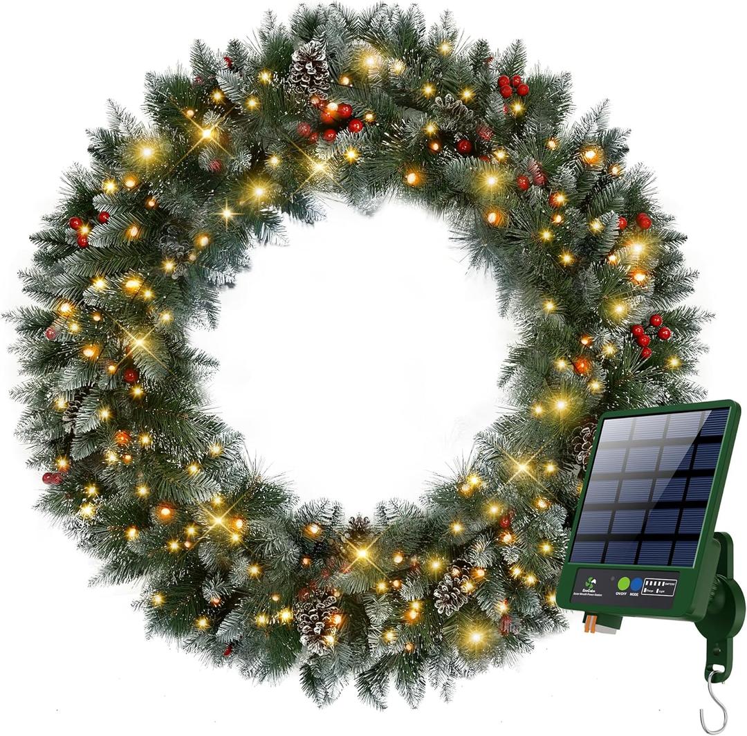 Solar Wreath 48 inch, Outdoor Christmas Wreaths Large with 250 LEDs & 8 Lighting Modes, Lighted Holiday Decorations for Outside