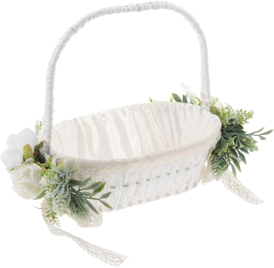 CHILDWEET White Wedding Flower Girl Basket with Lace and Artificial Flowers Satin Vintage Fairy Wicker Basket Romantic Elegant Wedding Party Decoration