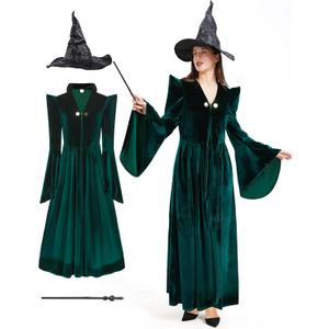 Professor Witch Costume Adult Women Dark Green Velvet Dress Wizard Plus Size Costumes Outfit for Halloween Cosplay (XX-Large)